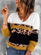 Leopard Color Block V-Neck Rib-Knit Sweater